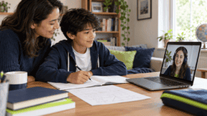 A parent supports their child with schoolwork at home while an online tutor speaks with them on a laptop.