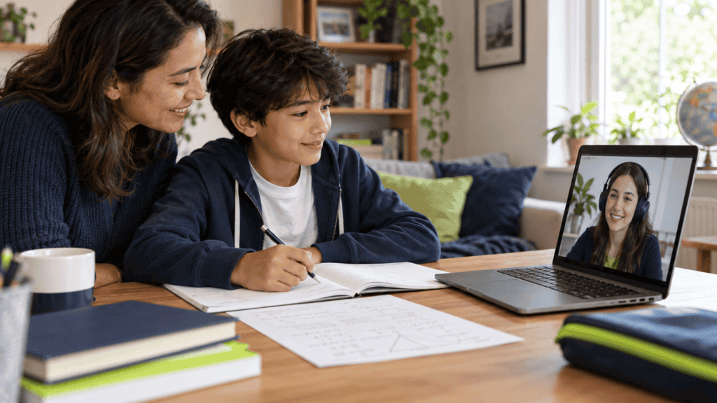A parent supports their child with schoolwork at home while an online tutor speaks with them on a laptop.