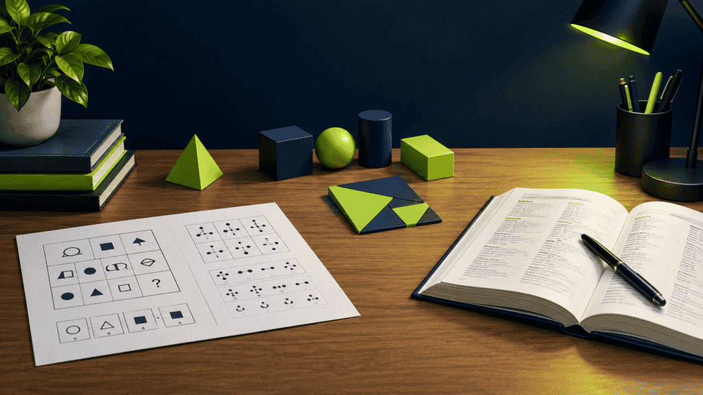 11-Plus exam preparation materials including verbal reasoning vocabulary books and non-verbal reasoning shape puzzles on a desk