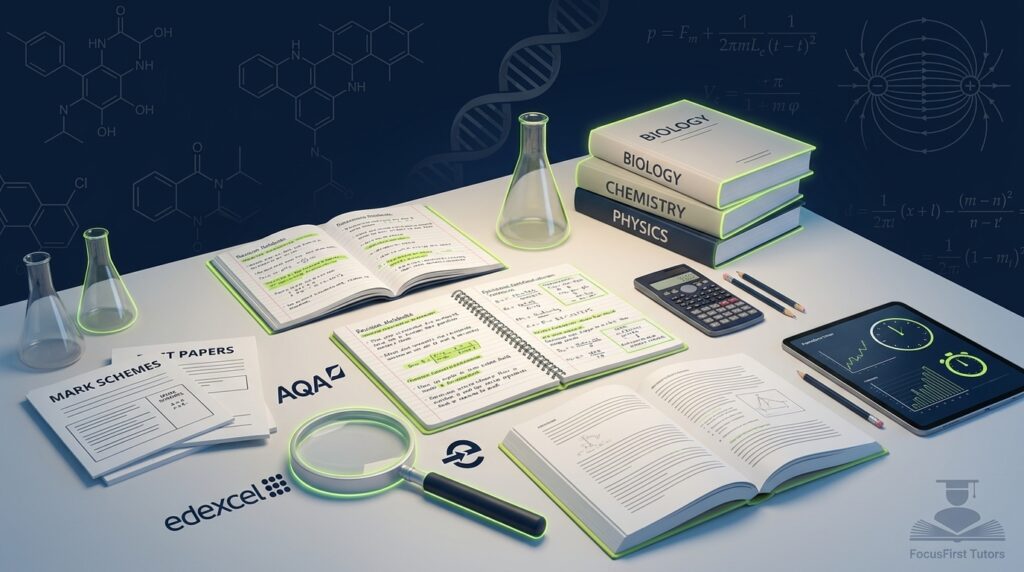 GCSE Science revision materials including biology, chemistry, and physics textbooks with AQA and Edexcel mark schemes on a desk